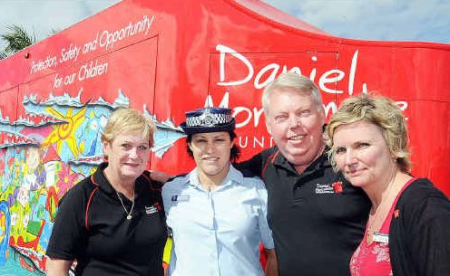 Denise and Bruce Morcombe with Senior Constable Melanie Ryan and Kaye Mason from St Mary’s College during Child Safety Week. Denise and Bruce Morcombe with Senior Constable Melanie Ryan and Kaye Mason from St Mary’s College during Child Safety Week.